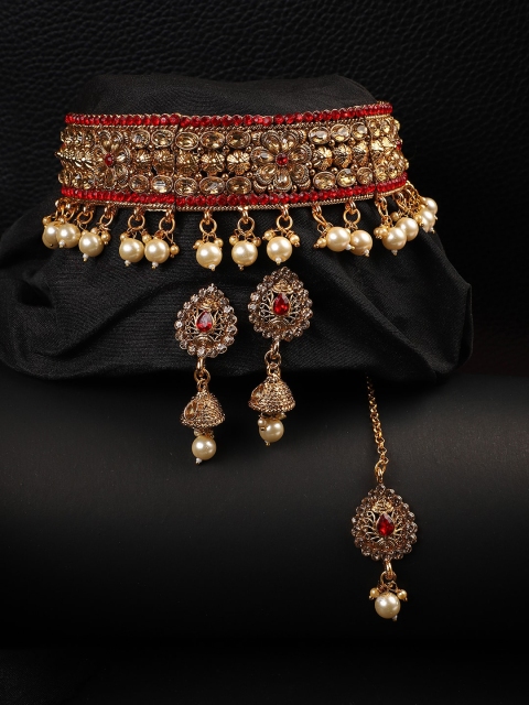 

ANIKAS CREATION Gold-Plated Beige & Red Stone-Studded Jewellery Set
