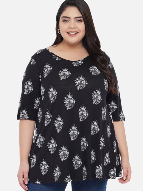 

Amydus Women Plus Size Black Floral Printed Drop-Shoulder Sleeves Cotton T-shirt