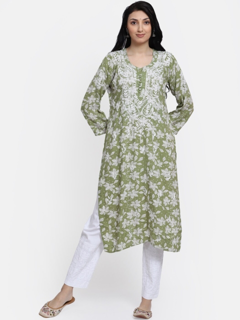 

PARAMOUNT CHIKAN Women Olive Green Floral Printed Thread Work Kurta