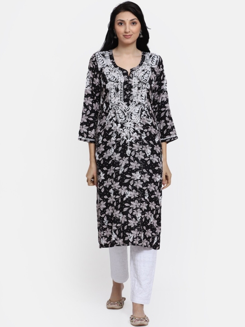 

PARAMOUNT CHIKAN Women Black & White Paisley Hand Embroidered Chikankari Straight Kurta