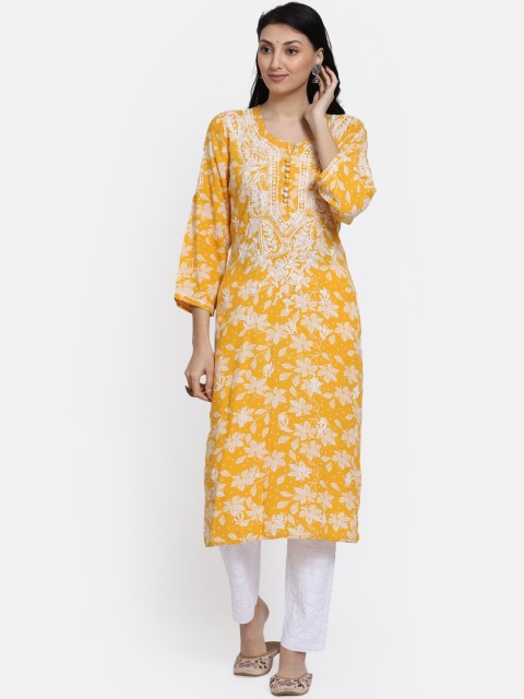 

PARAMOUNT CHIKAN Women Mustard Yellow Embroidered Chikankari Kurta