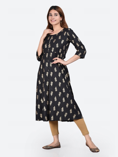 

Glorious Women Black & Gold-Toned Floral Printed Floral Anarkali Kurta