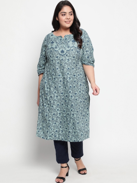 

Amydus Plus Size Women Green Floral Printed Cotton Blend Kurta