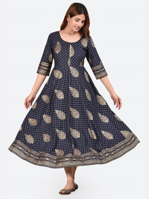 

Glorious Women Blue & Gold-Toned Ethnic Motifs Printed Anarkali Kurta