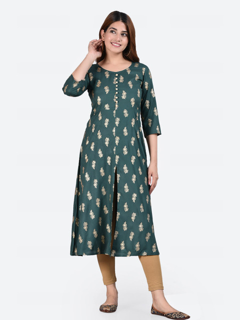 

Glorious Women Green & Gold-Toned Floral Block Printed Anarkali Kurti
