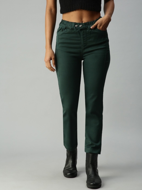 

SHOWOFF Women Green Relaxed Fit High-Rise Slash Knee Stretchable Jeans