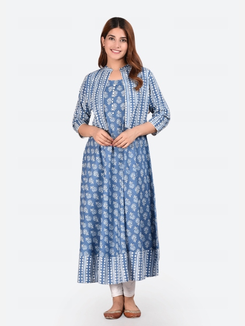 

Glorious Women Blue & White Geometric Block Print Cotton Anarkali Kurta with Waist Coat