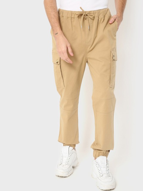 

Bewakoof Men Khaki Elastic waistband Cargos Trousers