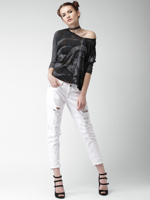 

LOVE GEN Women Black Printed Semi-Sheer High-Low Top