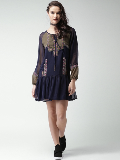 

Love Genration Women Navy Blue Printed Drop-Waist Dress
