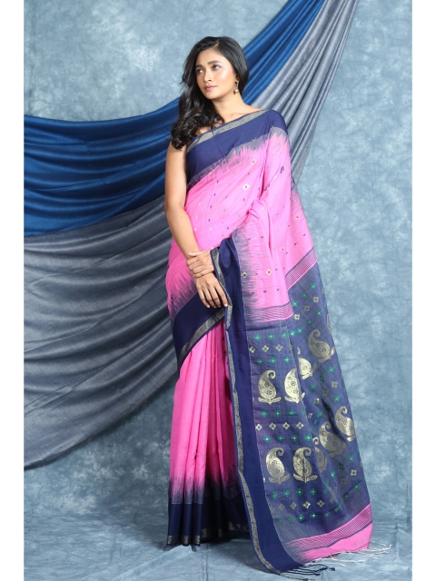 

Arhi Pink & Navy Blue Paisley Zari Pure Cotton Saree