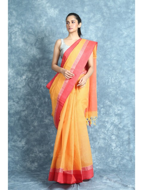 

Arhi Yellow & Red Striped Zari Pure Cotton Taant Saree