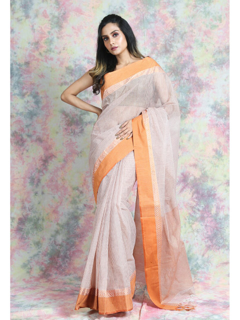 

Arhi Women Off White Stripes Printed Pure Cotton Taant Saree