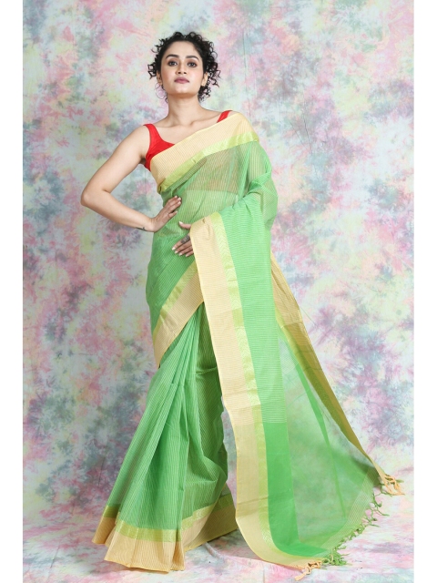 

Arhi Green & Beige Striped Zari Pure Cotton Taant Saree