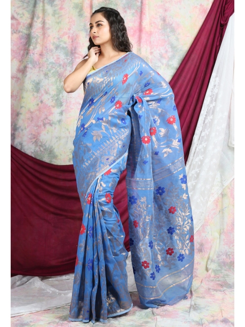

Arhi Blue & Gold-Toned Floral Zari Silk Cotton Jamdani Saree