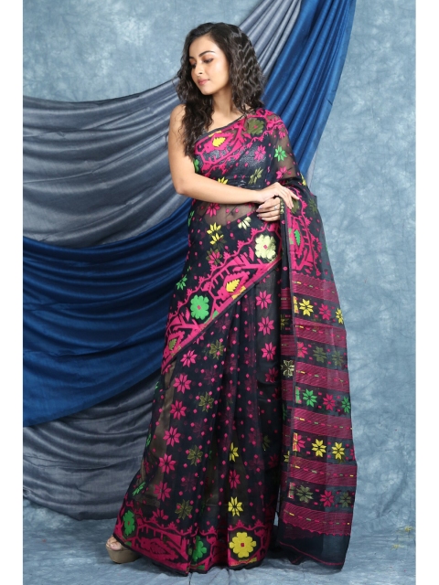 

Arhi Women Blue Floral Woven Design Silk Cotton Jamdani Saree, Black