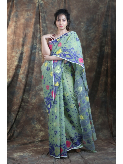 

Arhi Mint Green & Pink Woven Design Silk Cotton Jamdani Saree