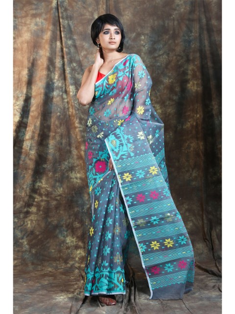 

Arhi Grey & Blue Woven Design Silk Cotton Jamdani Saree