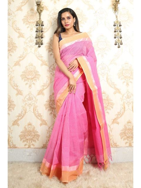 

Arhi Pink & Orange Striped Pure Cotton Taant Saree