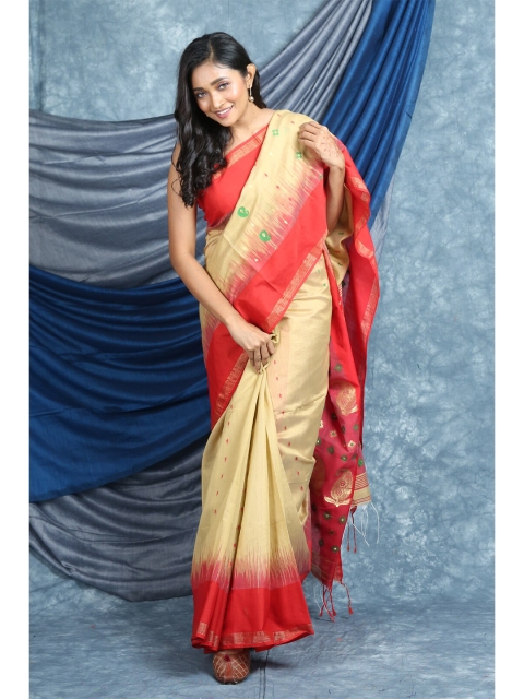 

Arhi Beige & Red Ethnic Motifs Zari Pure Cotton Saree