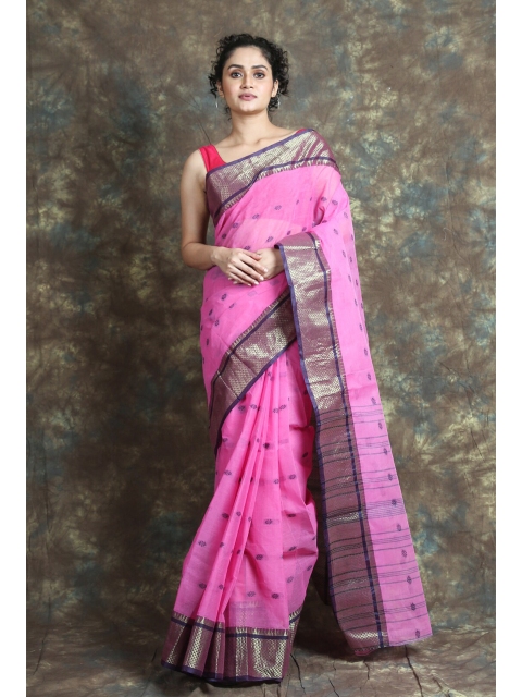 

Arhi Pink & Golden Ethnic Motifs Zari Pure Cotton Taant Saree