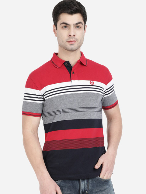 

Greenfibre Men Red & Grey Striped Polo Collar Slim Fit T-shirt