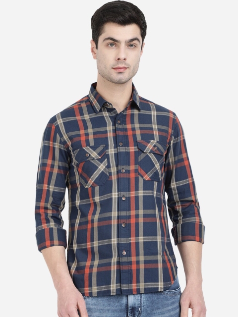 

Greenfibre Men Navy Blue & Red Cotton Slim Fit Tartan Checked Casual Shirt