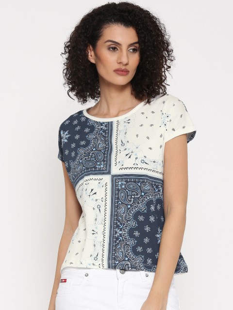 

Lee Cooper Women Navy & White Printed Pure Cotton Top, Navy blue