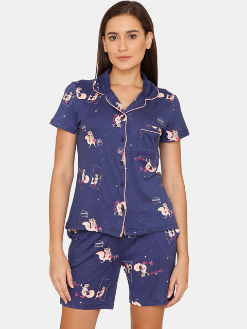 

Zivame Women Blue Graphic Printed Night Suit