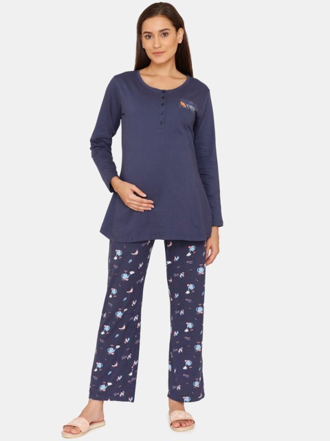 

Zivame Women Navy Blue & White Maternity Night suit