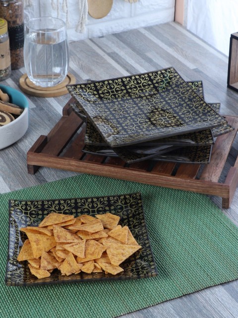 

ceradeco Set Of 6 Black Ethnic Motifs Print Microwave Safe Small Snack Plates