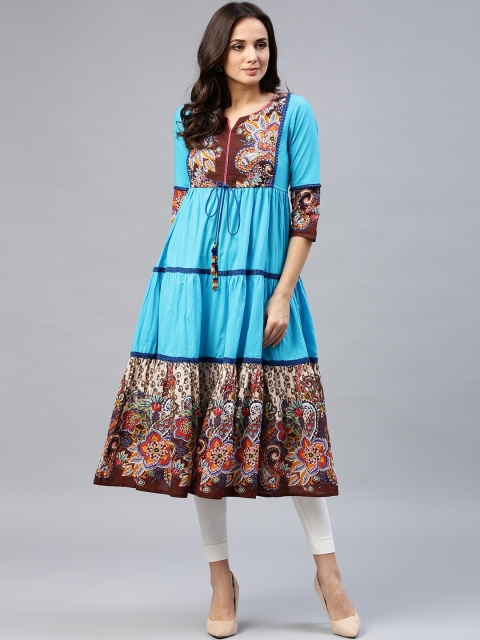 

Rain & Rainbow Women Blue & Brown Tiered Printed Anarkali Kurta