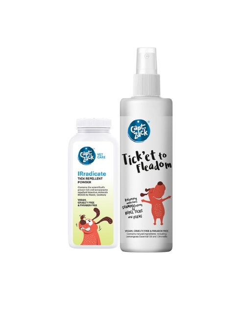 

Captain Zack Set Of 2 White IRradicate Tick Repellent Powder & Ticket To Fleadom Dry Shampoo