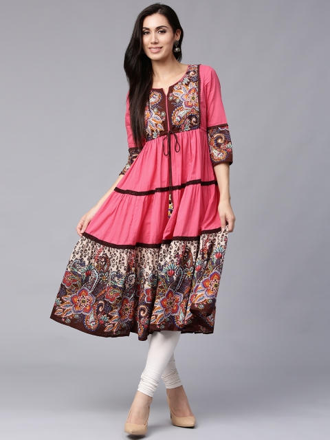 

Rain & Rainbow Women Pink & Brown Printed Tiered Anarkali Kurta