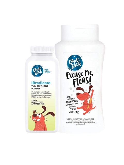 

Captain Zack Rradicate Tick Repellent Powder-75g + Excuse Me Fleas Dog Shampoo-200ml, White