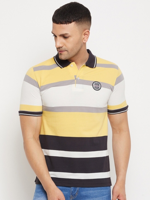 

FirstKrush Men Yellow & White Striped Regular Fit Cotton Polo Collar T-shirt