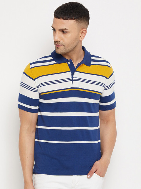 

FirstKrush Men Blue & White Striped Polo Collar T-shirt