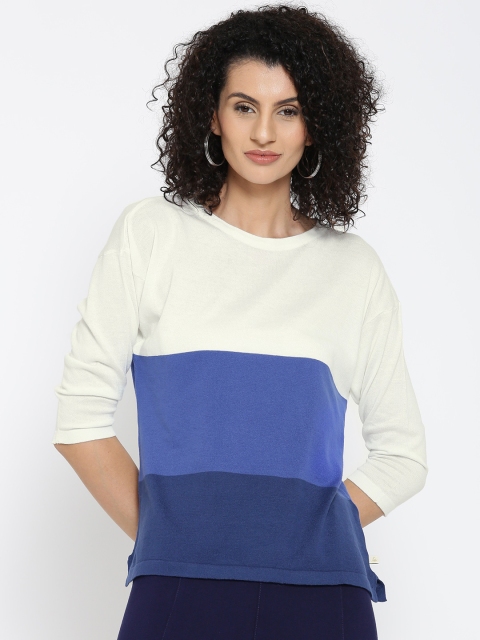 

United Colors of Benetton Women White & Blue Colourblocked Top