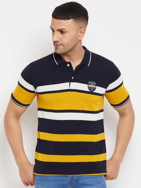 

FirstKrush Men Mustard Yellow & Navy Blue Striped Polo Collar T-shirt