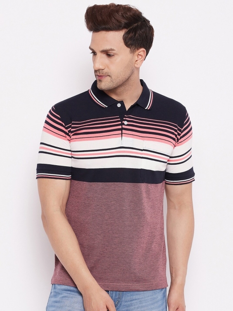 

FirstKrush Men Burgundy & Navy Blue Striped Polo Collar T-shirt