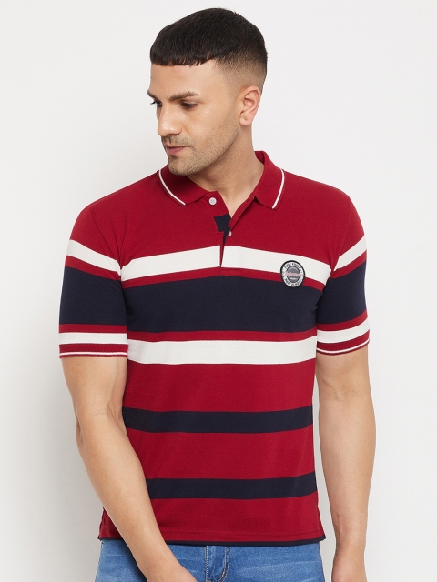 

FirstKrush Men Maroon & Navy Blue Striped Cotton Polo Collar T-shirt