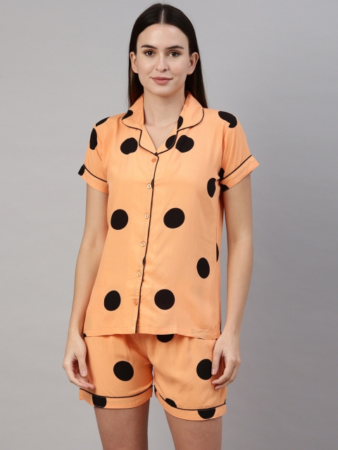 

GOLDSTROMS Women Peach-Coloured & Black Printed Night suit