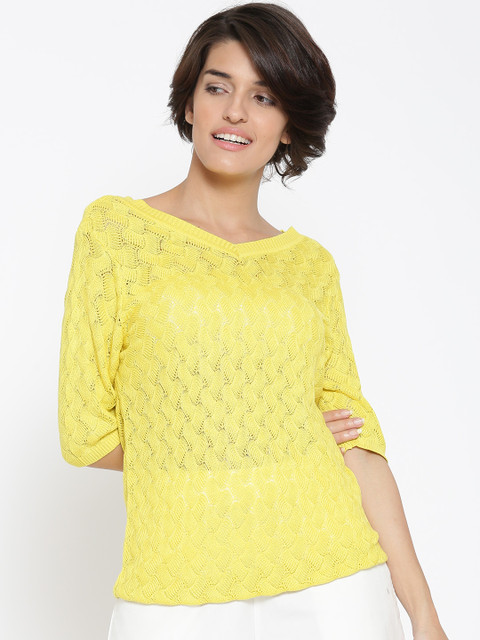 

United Colors of Benetton Women Yellow Patterned Semi-Sheer Top