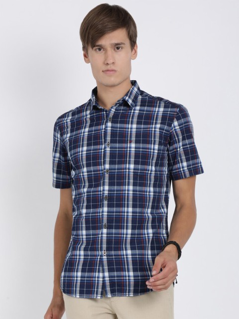 

t-base Men Navy Blue Standard Regular Fit Tartan Checked Cotton Casual Shirt