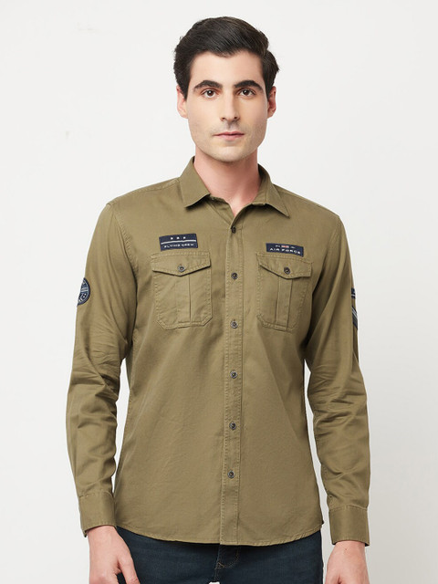 

METTLE Men Olive Green Regular Fit Solid Cotton Casual Shirt