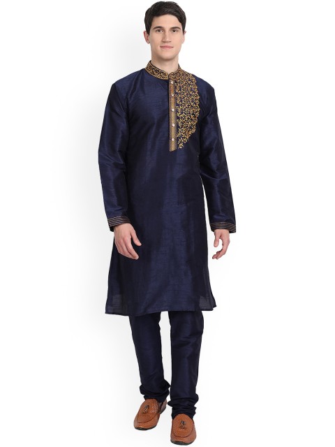 

Enciger Men Black Yoke Design Thread Work Dupion Silk Kurta with Churidar