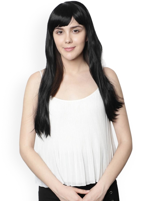 

thrift bazaar Women Black Super Long Straight Hair Wig with Bangs