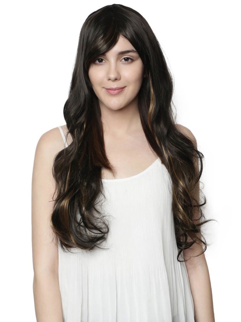 

thrift bazaar Women Black Highlighted Curly Long Wig with Bangs