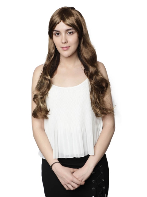 

thrift bazaar Women Heavy Highlighted Soft Curls Long Wig with Bangs, Gold