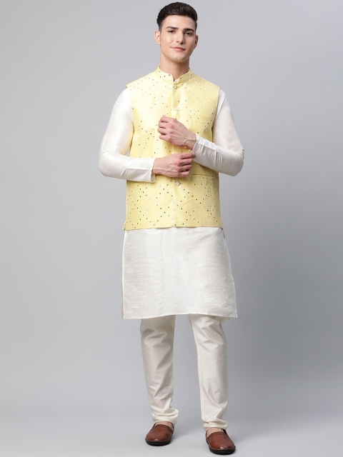 

Jompers Men Yellow Ethnic Motifs Layered Mirror Work Dupion Silk Kurta with Pyjamas